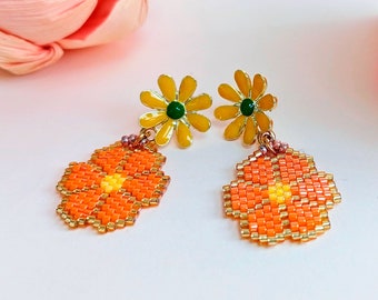 Boho Chic Orange Earrings, Handwoven Flower Earrings, Daisy Flower Earrings, Orange Floral Drops, Lightweigh Earrings, Everyday Earrings