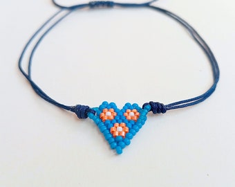 Blue String Bracelet, Beaded Heart Bracelet, Miyuki Bead Bracelet, Heart Miyuki Bracelet, Hippie Bracelet, Chic Bracelet, Boho Bracelet