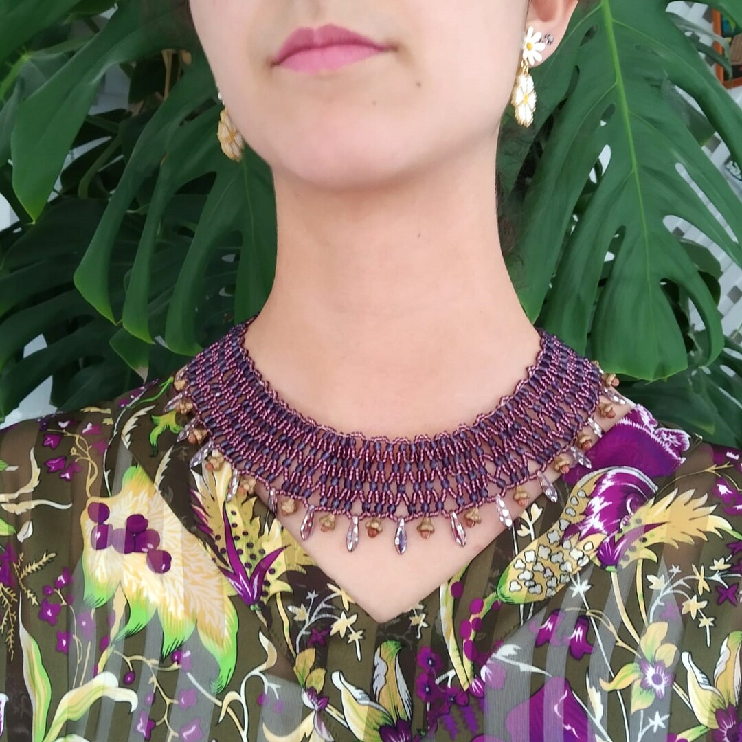 Purple Bib Necklace Handmade Bib Necklace Beaded Bib Etsy