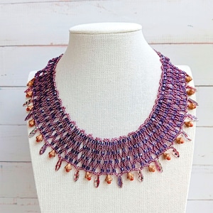 Layered Bib Necklace, Bib Purple Necklace, Glass Beaded Bib Necklace, Statement Necklace, Elegant Jewelry, Purple and Gold Necklace