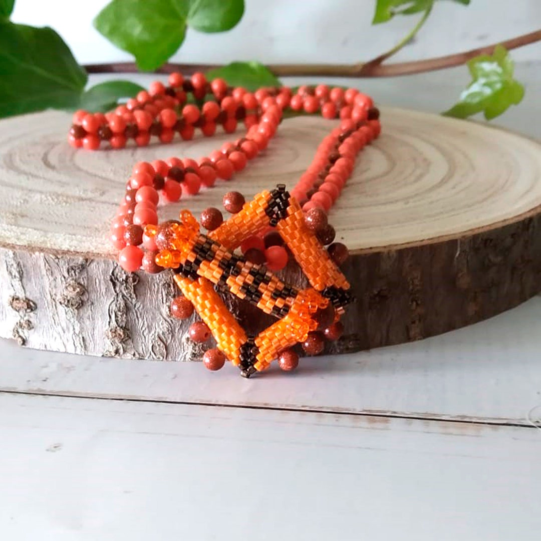 Orange Beads Necklace, Lariat Beaded Necklace, Handmade Orange Choker