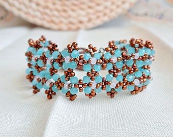 Blue Beadwork Bracelet, Glass Beaded Bracelet, Beaded Flat Bracelet, Wide Bracelet, Gifts for Wife, Women Jewelry, Feminine Jewelry