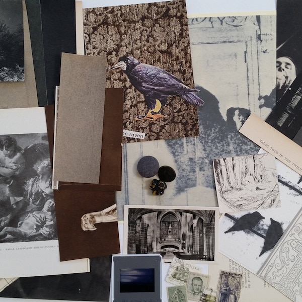 Collage éphémère vintage noir sombre sombre|Gothique|Charme corbeau corbeau|Tarot| Fourniture d'albums pour carnets | Art technique mixte 25 pièces Artisanat cadeau (B)