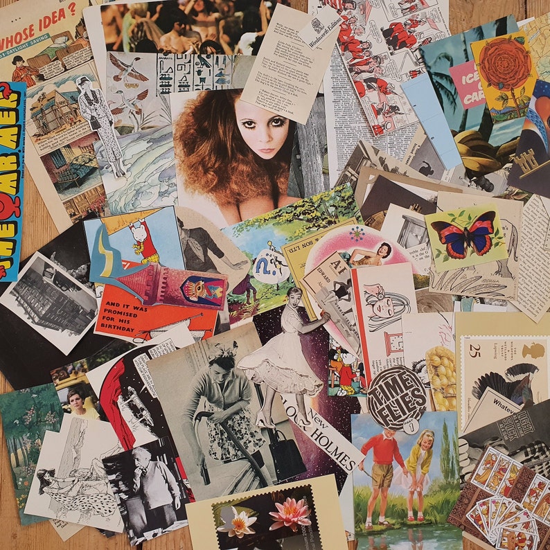 Puede incluir: Un collage de ef&iacute;meras de papel vintage, incluyendo postales, recortes de revistas y fotograf&iacute;as. El collage presenta una variedad de colores y dise&ntilde;os, incluyendo una mariposa, una cara de mujer y un patr&oacute;n floral.