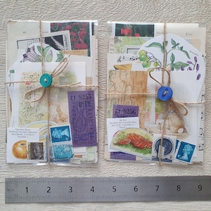 Può includere: Due mazzi di oggetti effimeri vintage, legati con spago e fissati con bottoni. Ogni mazzo contiene carte, francobolli e illustrazioni assortite, tra cui immagini botaniche e a tema conigli. Un righello mostra pollici.