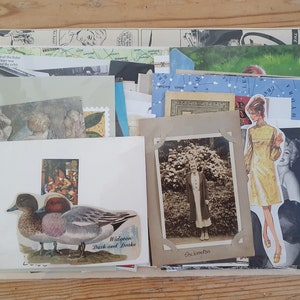 Puede incluir: Una colecci&oacute;n de postales y ef&iacute;meras vintage, que incluye una foto de una ni&ntilde;a en un jard&iacute;n, un dibujo de dos patos y una postal con un dise&ntilde;o de estrella. Las postales est&aacute;n dispuestas sobre una superficie marr&oacute;n.