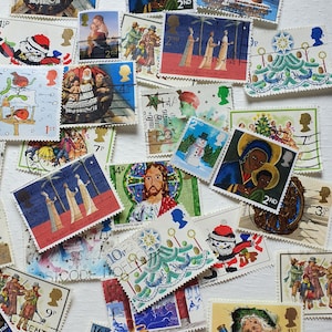 Sellos postales navideños antiguos (30 o 50) usados (Reino Unido, decoupage, collage, diarios basura, etiquetas, tarjetas, coleccionismo, retales de arte y manualidades (CE2)