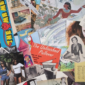 Puede incluir: Un collage de ef&iacute;meras de papel vintage, que incluye una postal con una ilustraci&oacute;n de dibujos animados de un castillo, una postal con un patr&oacute;n de tejido, una postal con una ilustraci&oacute;n de dibujos animados de un p&aacute;jaro y una postal con una ilustraci&oacute;n de dibujos animados de una mujer. El texto en la postal del patr&oacute;n de tejido dice "The Unfinished Pullover" y "And it was promised his birthday".