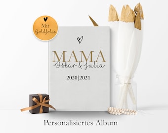 Mama Tagebuch | Album - Personalisiertes Geschenk mit Namen der Kinder und Geburtsdatum in Gold & Schwarz | A4 Blanko Buch zum Eintragen