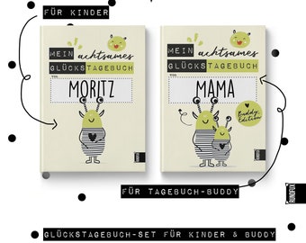 Glück Geschenkset Personalisiert - Kinder und Partner - 2 Glückstagebücher als Briefkasten-Geschenk oder Care Paket für Kids ab 5 Jahren