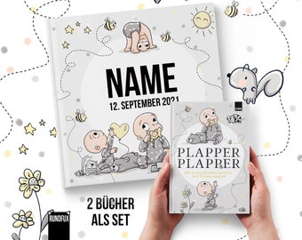 Geschenkset Babyalbum personalisiert mit Namen und Geburtsdatum und Kindermund Erinnerungsbuch 2 Bücher - Für Mädchen und Jungs GRAU