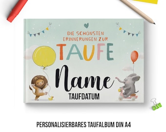Taufalbum mit Namen Pastellfarben und Tiere | Personalisiert mit Wunschnamen und Taufdatum auf dem Cover - Gästebuch & Album A4 Taufspruch