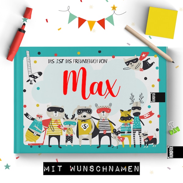 Freundebuch Unisex mit Superhelden und bunten Farben | Personalisiert mit Wunschnamen - Kindergartenfreundebuch und Grundschule