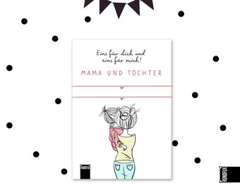Mutter-Tochter Armband mit illustrierter Karte - Rosa Band und Herz - verschenken Geburtstag,Muttertag,Mama Geburtstag - A6 Postkarte