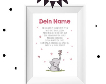 Namens-Poster fürs Kinderzimmer (Trau Dich an Dich zu glauben ) mit personalisiertem Wunschnamen in A4 und Rosa