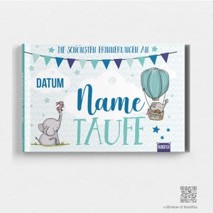 Könnte beinhalten: Ein blaues und weißes Baby-Erinnerungsbuch mit dem Text "Die schönsten Erinnerungen an Name Taufe" und einem Datumsfeld. Das Cover zeigt einen Comic-Elefanten mit einem Hasen auf dem Kopf und einen Heißluftballon mit einem Elefanten darin.