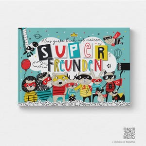 40 Freunde Freundschaftsbuch mit lustigen Superhelden, Tieren und bunten Farben | Unisex für Grundschule und Kindergarten - 40 Freunde