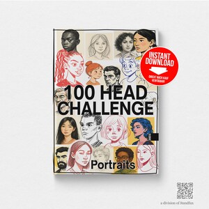 May include: A book cover featuring a collage of illustrated head portraits in various styles and colors. The title "100 Head Challenge" is prominently displayed, with the word "Portraits" below. A red circle with "Instant Download" text is in the upper right.