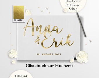 Hochzeitsbuch Personalisiertes Gästebuch weiss zur Hochzeit-Album Metalleffekt: Silber, Rosé, Gold, Schwarz | Hochzeitsdatum | DIN A4 (1.)