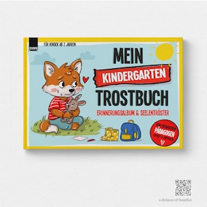 Op de afbeelding: Een kinderboek met een cartoonvos die een knuffelkonijn vasthoudt. De gele kaft toont de tekst "MEIN KINDERGARTEN TROSTBUCH" en "FÜR KINDER AB 2 JAHREN". De achtergrond is lichtblauw.