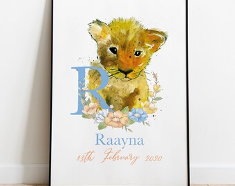 Personalised Baby Lion Nursery Wall Art - Custom Safari Animal Print - Kids Room Decor - Jungle Theme Baby Shower Gift - Newborn Gift Idea