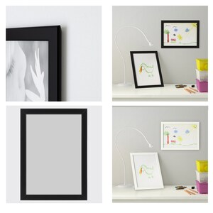 May include: Two black picture frames with white mats, one with a black and white photo and the other empty. The frames are on a white wall.