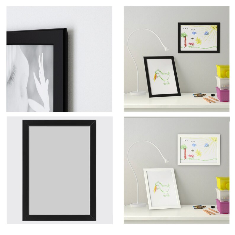 May include: Two black picture frames with white mats, one with a black and white photo and the other empty. The frames are on a white wall.