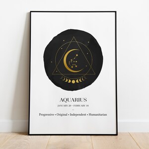 May include: Black and gold minimalist poster with the zodiac sign Aquarius, dates January 20 - February 18, and the words "Progressive, Original, Independent, Humanitarian".