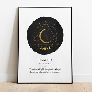 May include: A black and gold poster with the zodiac sign Cancer. The poster features a crescent moon, a triangle, and a constellation of stars. The text "CANCER" is written in gold at the bottom of the poster, along with the dates "JUNE 22 - JULY 22". The poster also includes a list of personality traits associated with the Cancer zodiac sign: "Tenacious - Highly imaginative - Loyal - Emotional - Sympathetic - Persuasive."