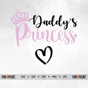May include: Pink and black graphic design with the text "Daddy's Princess" and a heart. The crown is pink and the text is in a cursive font.