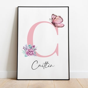 May include: A pink letter C with a butterfly and floral design. The name Caitlin is written below the letter.