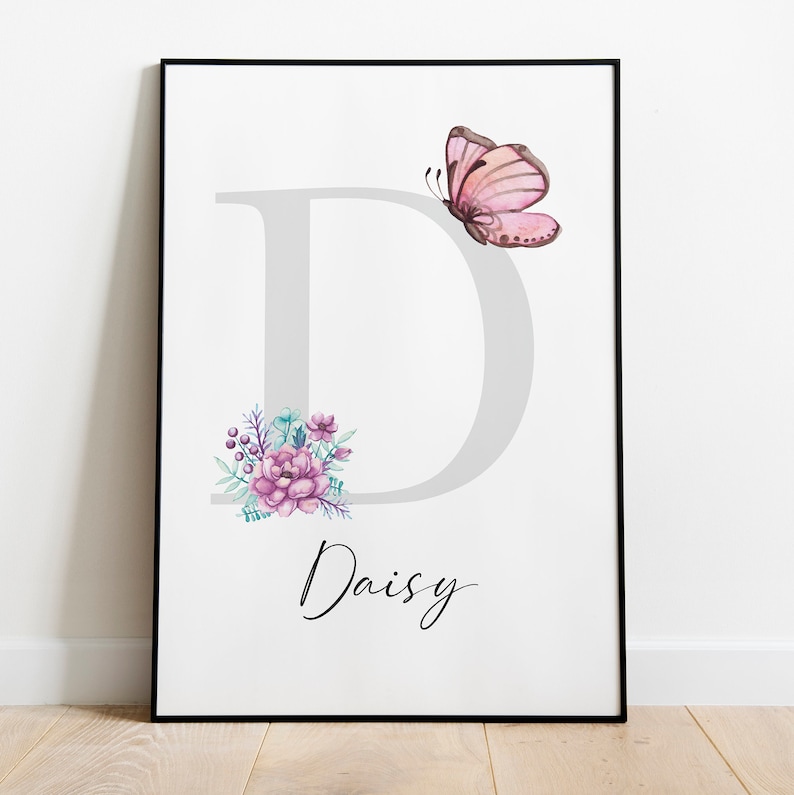 May include: A printable wall art design featuring a grey letter D with a pink butterfly and floral accents. The name Daisy is written in cursive below the letter.