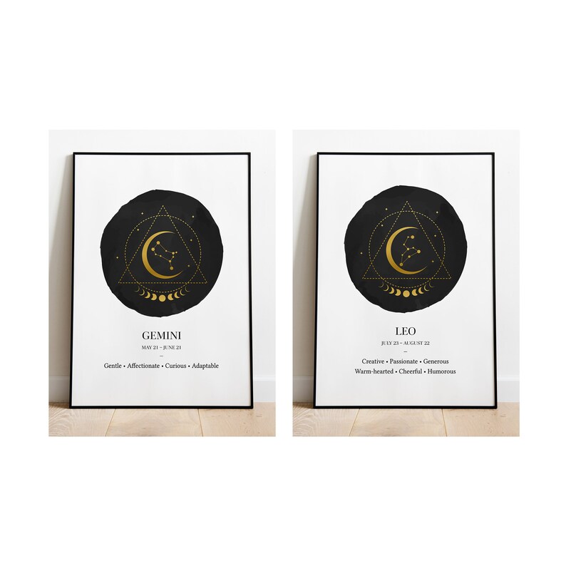 May include: Two black and white printable posters with gold zodiac constellation illustrations. The first poster features Gemini, the twins, with the dates May 21 - June 21. The second poster features Leo, the lion, with the dates July 23 - August 22. Both posters include the text "Gentle - Affectionate - Curious - Adaptable" and "Creative - Passionate - Generous - Warm-hearted - Cheerful - Humorous".