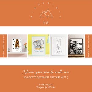May include: Four framed prints with different designs. The first print features a leopard print letter A with the name "Anya" written below. The second print features a cartoon elephant with the name "Vanessa" written below. The third print features a line drawing of two hands holding each other with the text "Always & Forever" written below. The fourth print features a black and white image of a mountain with the text "Your time is now. Start where you stand and never back down!" written below.