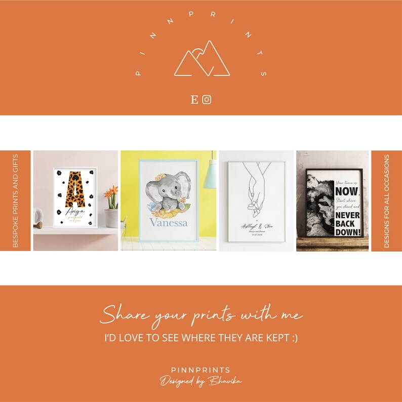 May include: Four framed prints with different designs. The first print features a leopard print letter A with the name "Anya" written below. The second print features a cartoon elephant with the name "Vanessa" written below. The third print features a line drawing of two hands holding each other with the text "Always & Forever" written below. The fourth print features a black and white image of a mountain with the text "Your time is now. Start where you stand and never back down!" written below.