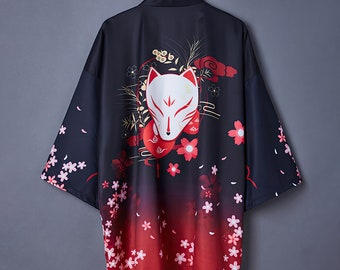 Personalized Hand lettering Fox Yakuza shirt, Kitsune mask cosplay, Japanese Sakura satin kimono cardigan, Samurai Christmas outfit Anime