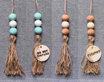 Rustic Bathroom Door Sign, Do Not Disturb, Occupied, Boho Style Hand-painted Wooden Bead Tassel with a Custom Clay Tag