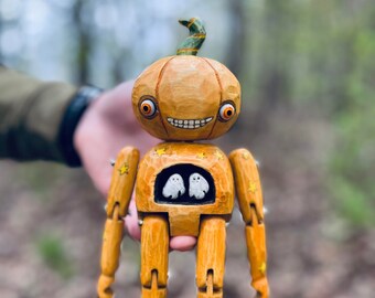 Wooden Pumpkin Doll, OOAK, Halloween Creature, Poseable Art Toy