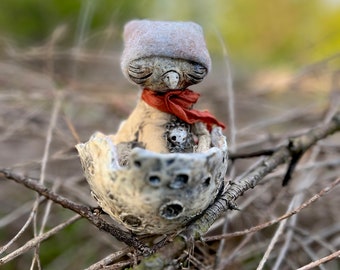 Muñeca pájaro durmiente, Ooak, Pájaro en cáscara de huevo lunar, Juguete de arte coleccionable