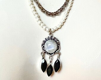 Handmade Art Deco moonstone and silver, onyx, pearls and vintage chain upcycled necklace