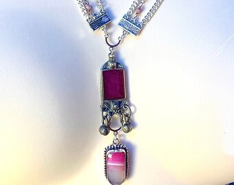 Handmade tribal Afghan, Indian, silver, enamel Botswana agate and Ruby Rosary and rose quartz rosary necklace