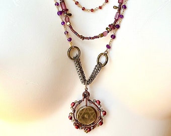 Handmade Star of David, Ancient Jewish Coin Antique Moroccan 1288 Amethyst, garnet, gold and glass Jewish star necklace. Judaica