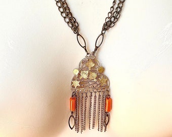 Handmade gold over brass ancient Indian pendant, with Coral. Tribal necklace