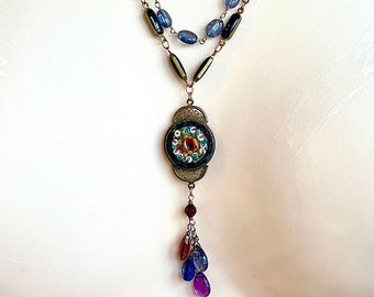 Handmade old flower Micro Mosaic from Italy, colored sapphires, garnets, vintage glass and red and black art deco beads  necklace.