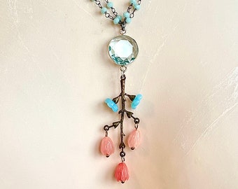 Handmade Floral brass stamping and glass bead pendant with Aquamarine and Aquamarine rosary necklace