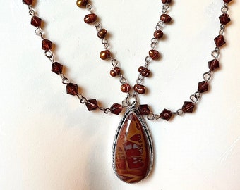 Handmade designer Jasper, silver, pearls and crystal vintage style necklace