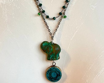 Handmade Czech Glass Elephant and Vintage Turquoise and silver pendant with Emerald Rosary chain necklace