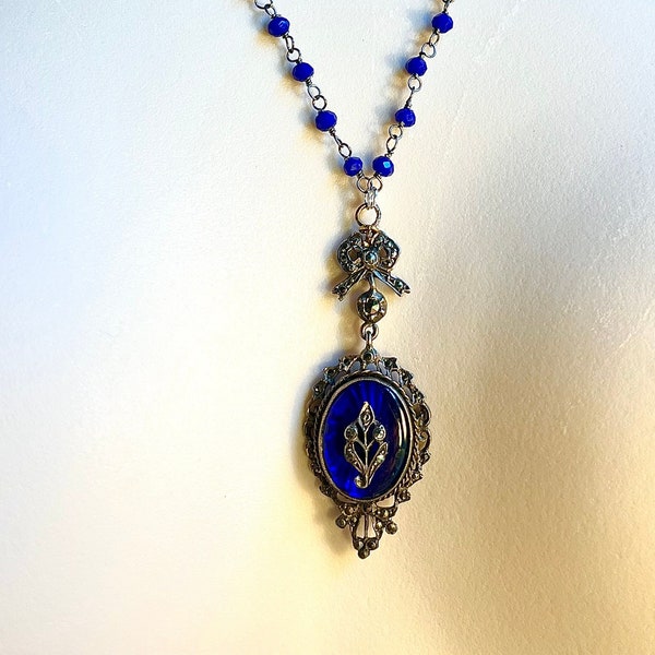 Handmade repurposed Victorian blue glass and marcasite and Lapis rosary chain necklace