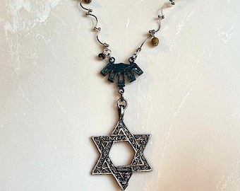 Handmade Judaica, Filigree Jewish star, Star of David, Smokey quartz, wood, upcycled vintage necklace