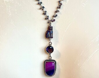 Handmade Czech glass cat, solar agate, amethyst, silver and glass necklace